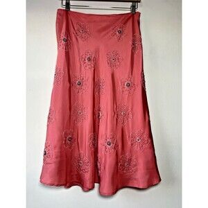 WD-NY Pink Silk Blend Satin Floral A-Line Midi Skirt Beaded Zip Lined Women’s 6